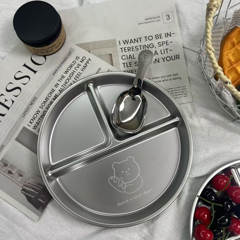 Farfurie de servire din oțel inoxidabil, divizată pentru controlul porțiilor, rotundă, personalizabilă cu logo