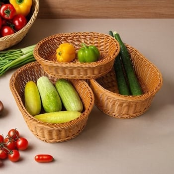 Coș de fructe pentru depozitare, din plastic, împletire imitatie de ratan, stil simplu