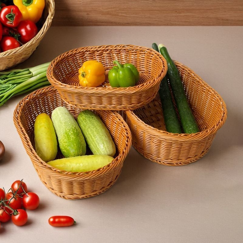 Coș de fructe pentru depozitare, din plastic, împletire imitatie de ratan, stil simplu