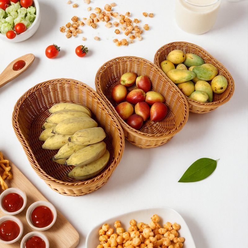 Coș de fructe pentru depozitare, din plastic, împletire imitatie de ratan, stil simplu