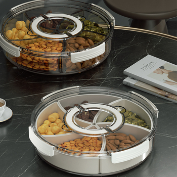 Plată rotativă pentru fructe cu compartimente — plastic, formă circulară, suprafață lucioasă, design modern minimalist