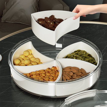 Plată rotativă pentru fructe cu compartimente — plastic, formă circulară, suprafață lucioasă, design modern minimalist