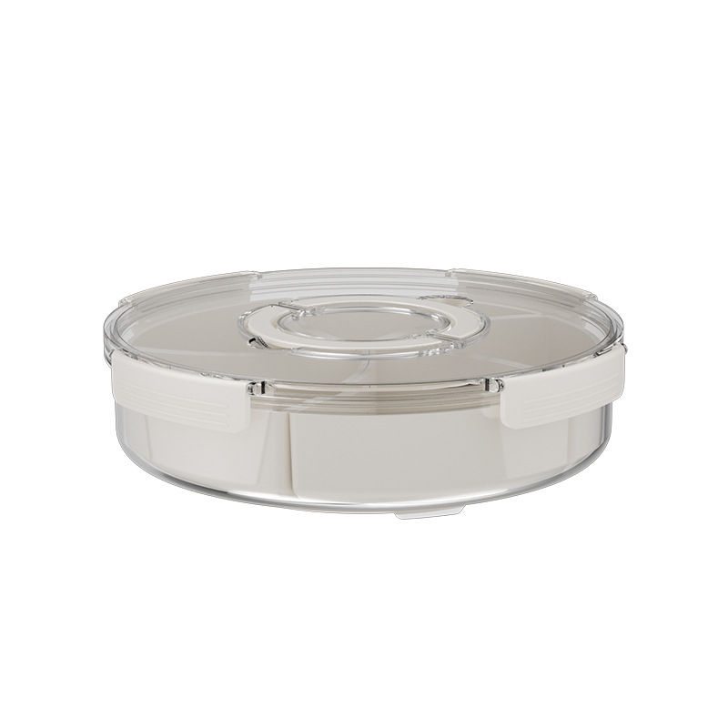 Plată rotativă pentru fructe cu compartimente — plastic, formă circulară, suprafață lucioasă, design modern minimalist