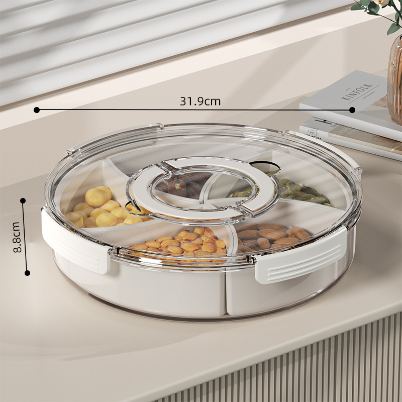 Plată rotativă pentru fructe cu compartimente — plastic, formă circulară, suprafață lucioasă, design modern minimalist