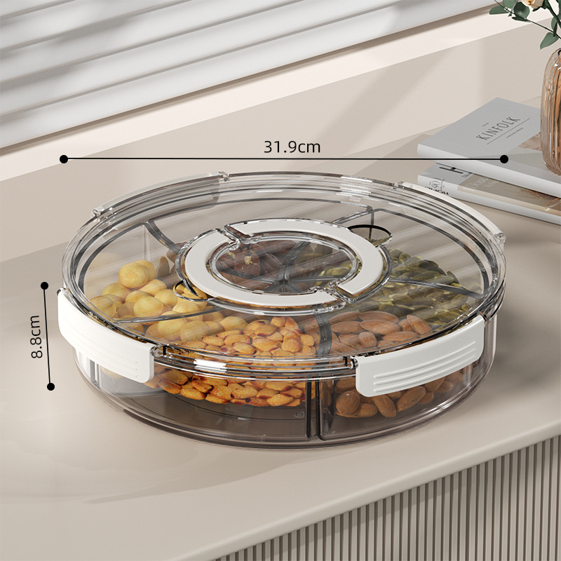 Plată rotativă pentru fructe cu compartimente — plastic, formă circulară, suprafață lucioasă, design modern minimalist