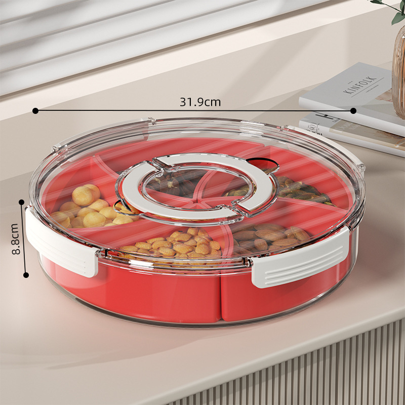 Plată rotativă pentru fructe cu compartimente — plastic, formă circulară, suprafață lucioasă, design modern minimalist