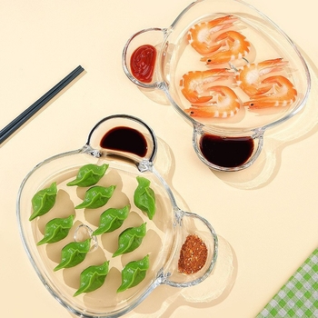 Farfurie de servire din sticlă cu compartimente, transparentă și durabilă, cu recipient pentru sos, pentru gyoza/dumplings, fructe de mare și creveți