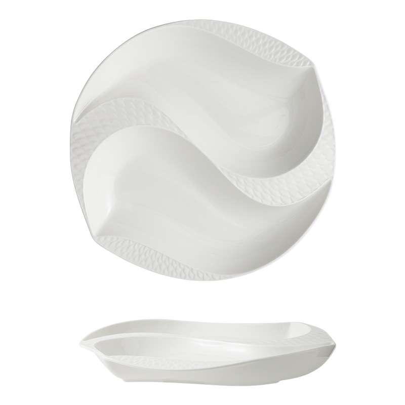 Farfurie de masă din porțelan, formă neregulată, suprafață cu subglazură, compatibilă cu microunde, posibilitate personalizare cu logo