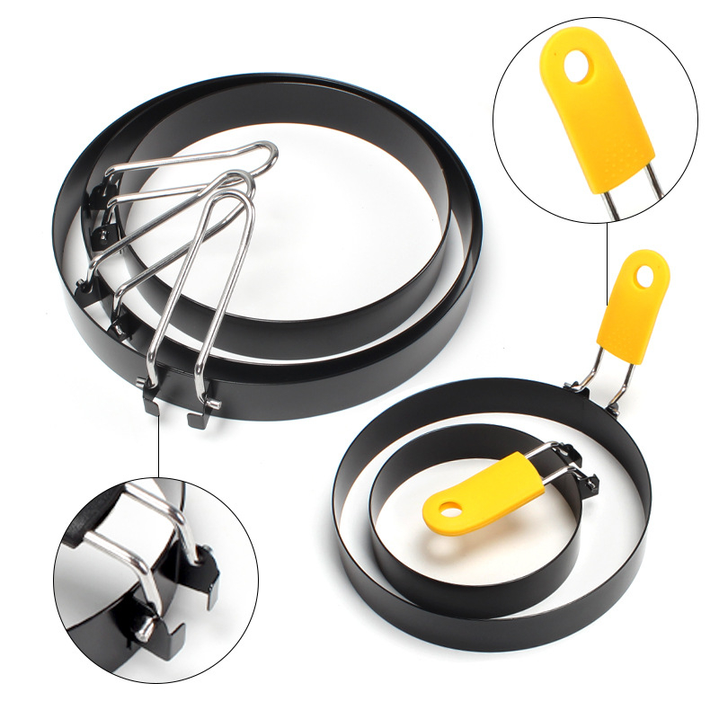 Rozsdamentes acél omlett készítő hajlékony, hővédő fogantyúval, tapadásmentes bevonattal, kerek formájú hamburgerpogácsa forma