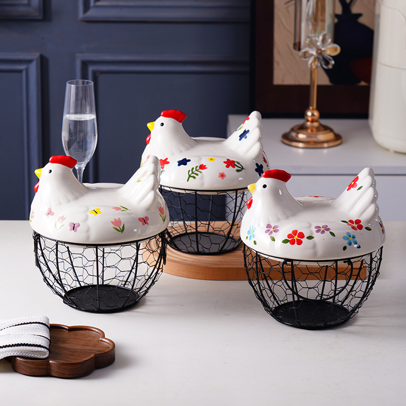 Coș de depozitare pentru bucătărie – ceramică și artă din fier, pentru ouă și fructe/ legume, model MJ-006, stil modern minimalist