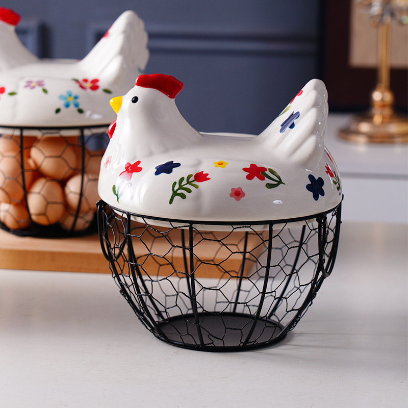 Coș de depozitare pentru bucătărie – ceramică și artă din fier, pentru ouă și fructe/ legume, model MJ-006, stil modern minimalist