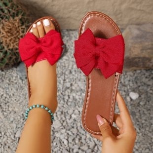 Ženske papuče s mašnicom, ravna potplata - velur gornji dio, PVC đon, PU unutrašnjost, okrugli vrh, slip-on