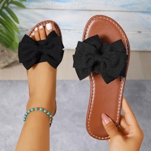 Ženske papuče s mašnicom, ravna potplata - velur gornji dio, PVC đon, PU unutrašnjost, okrugli vrh, slip-on