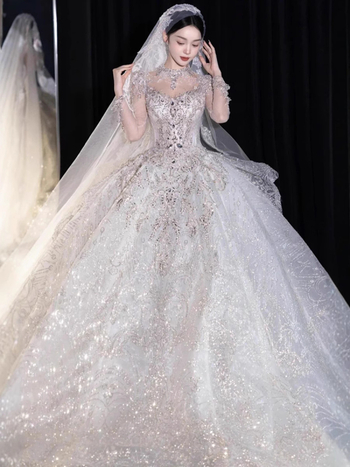 Rochie de mireasă cu mâneci lungi, decolteu adânc în V, fustă tutu, Cupro fibră, toamna 2024