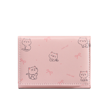 Женски триклапан портфейл с котешки карикатурен мотив, джоб за карти и монетник, PU кожа, TAOMICMIC