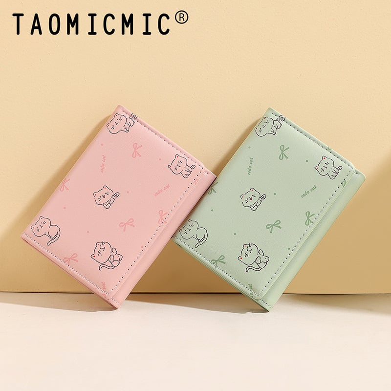 Женски триклапан портфейл с котешки карикатурен мотив, джоб за карти и монетник, PU кожа, TAOMICMIC