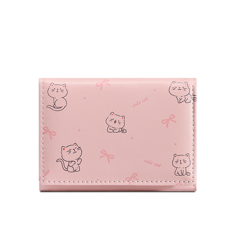 Женски триклапан портфейл с котешки карикатурен мотив, джоб за карти и монетник, PU кожа, TAOMICMIC
