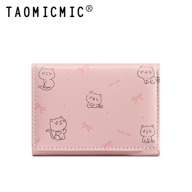 Женски триклапан портфейл с котешки карикатурен мотив, джоб за карти и монетник, PU кожа, TAOMICMIC