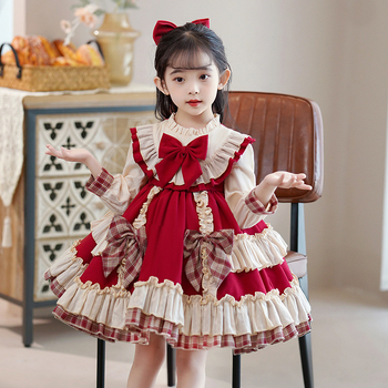 Rochie Lolita pentru fete, mâneci lungi, imprimeu în grilă, poliester, căptușeală din bumbac, pentru 3–8 ani