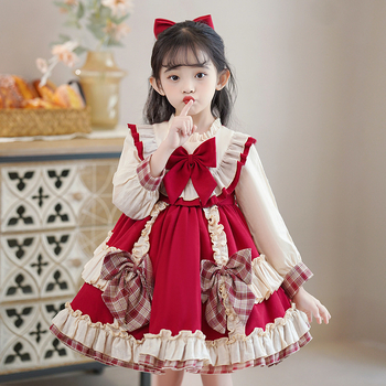 Rochie Lolita pentru fete, mâneci lungi, imprimeu în grilă, poliester, căptușeală din bumbac, pentru 3–8 ani