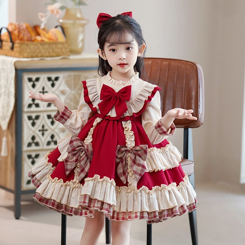 Rochie Lolita pentru fete, mâneci lungi, imprimeu în grilă, poliester, căptușeală din bumbac, pentru 3–8 ani