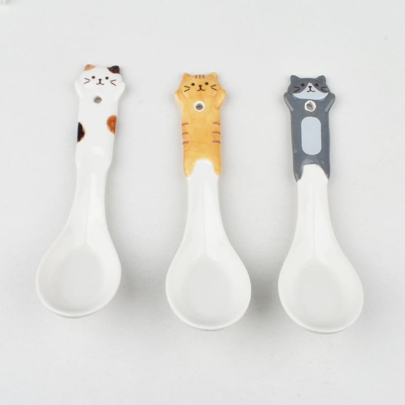 Παιδικό κεραμικό κουτάλι για φαγητό με σχέδιο γάτας σε ιαπωνικό στυλ, φρέσκο και γλυκό