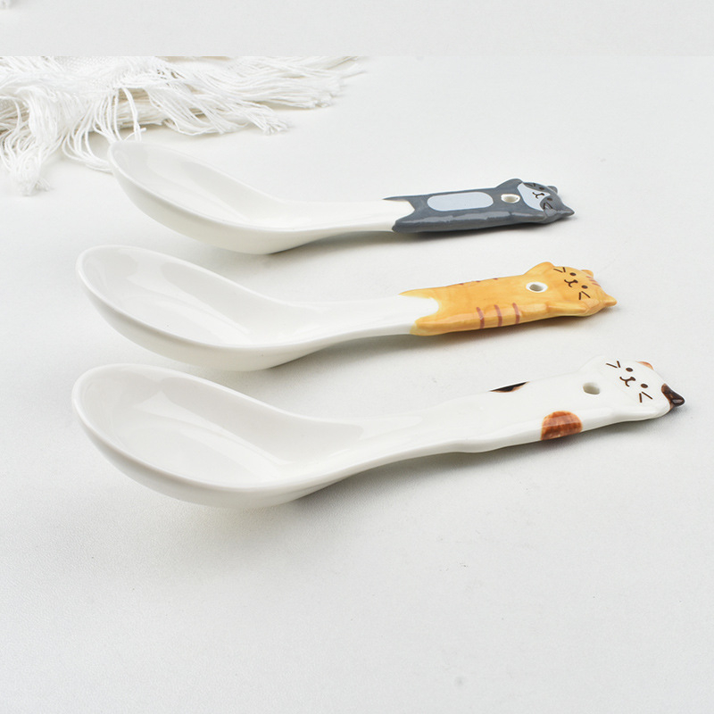 Παιδικό κεραμικό κουτάλι για φαγητό με σχέδιο γάτας σε ιαπωνικό στυλ, φρέσκο και γλυκό