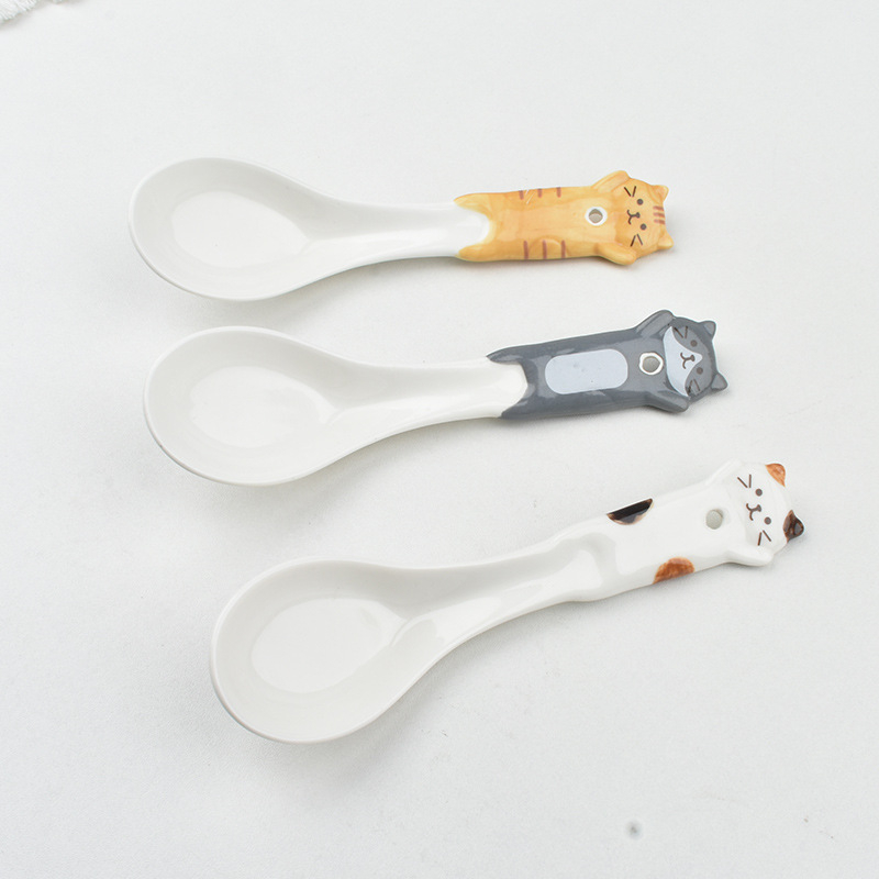 Παιδικό κεραμικό κουτάλι για φαγητό με σχέδιο γάτας σε ιαπωνικό στυλ, φρέσκο και γλυκό