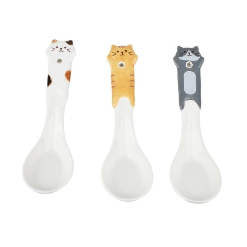 Παιδικό κεραμικό κουτάλι για φαγητό με σχέδιο γάτας σε ιαπωνικό στυλ, φρέσκο και γλυκό