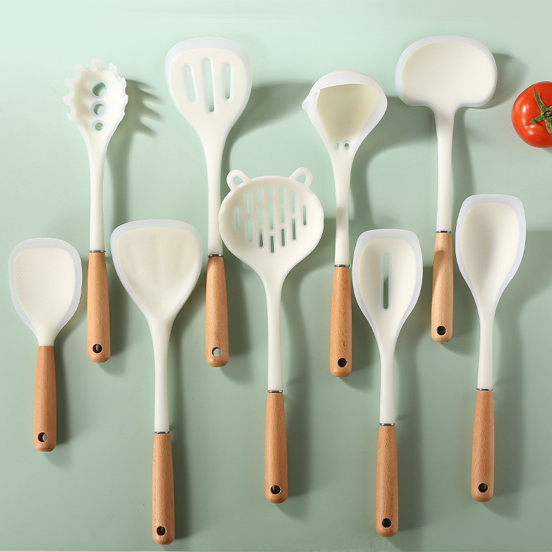  Bükkfa nyelű spatula és kanál készlet, élelmiszer-minőségű szilikon, nagy hőállóság, tapadásmentes, csúszásmentes