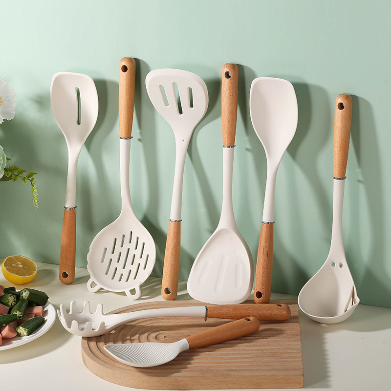  Bükkfa nyelű spatula és kanál készlet, élelmiszer-minőségű szilikon, nagy hőállóság, tapadásmentes, csúszásmentes