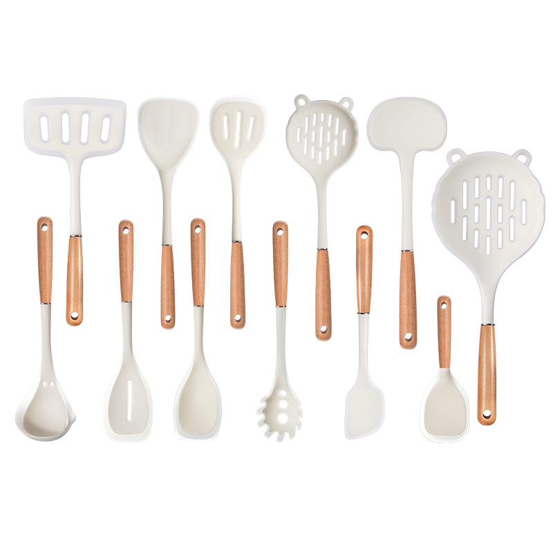  Bükkfa nyelű spatula és kanál készlet, élelmiszer-minőségű szilikon, nagy hőállóság, tapadásmentes, csúszásmentes