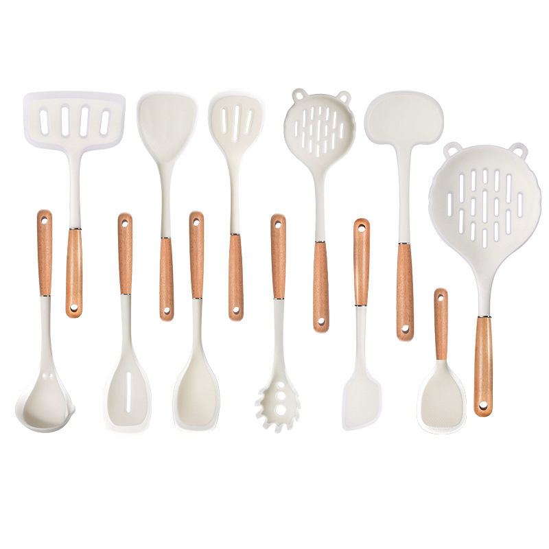  Bükkfa nyelű spatula és kanál készlet, élelmiszer-minőségű szilikon, nagy hőállóság, tapadásmentes, csúszásmentes