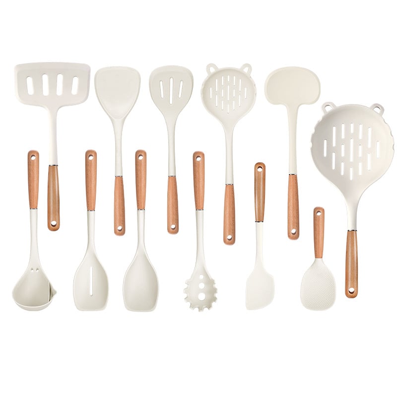  Bükkfa nyelű spatula és kanál készlet, élelmiszer-minőségű szilikon, nagy hőállóság, tapadásmentes, csúszásmentes