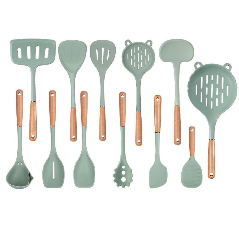  Bükkfa nyelű spatula és kanál készlet, élelmiszer-minőségű szilikon, nagy hőállóság, tapadásmentes, csúszásmentes