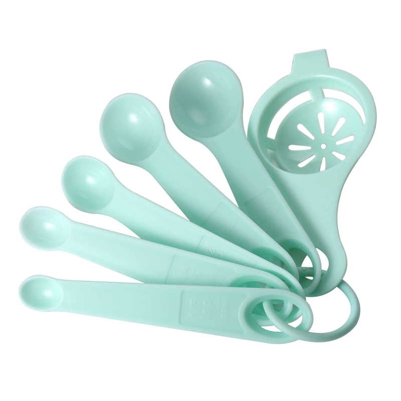 6 részes mérőkanál és tojáselválasztó készlet, műanyag, mérőskálával, sütéshez