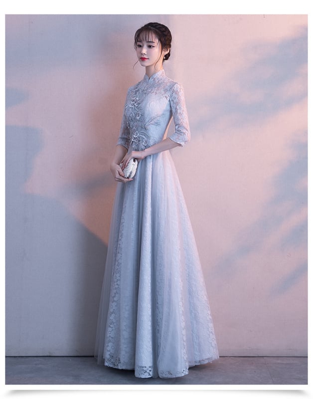 Rochie de seară - talie înaltă, siluetă prințesă, lungă, mâneci jumătate, amestec poliester (70–80% poliester)