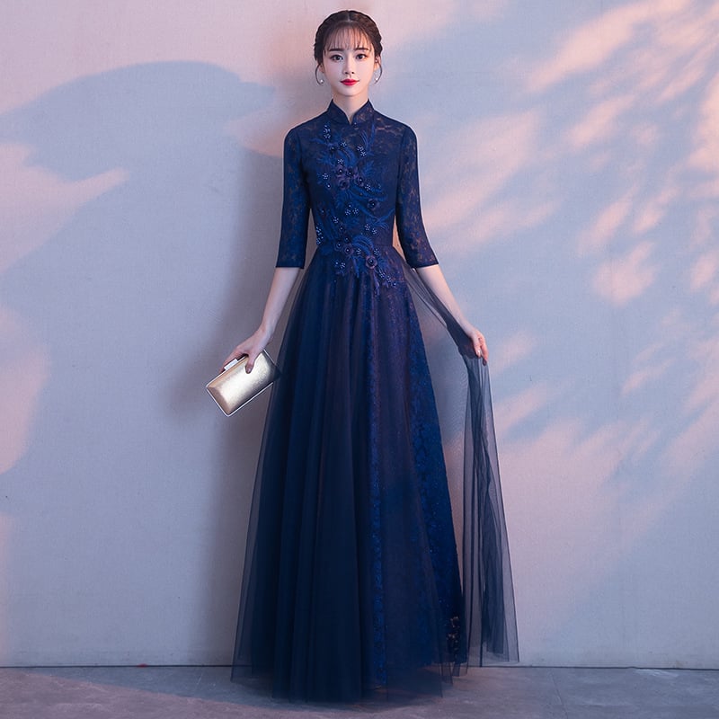 Rochie de seară - talie înaltă, siluetă prințesă, lungă, mâneci jumătate, amestec poliester (70–80% poliester)