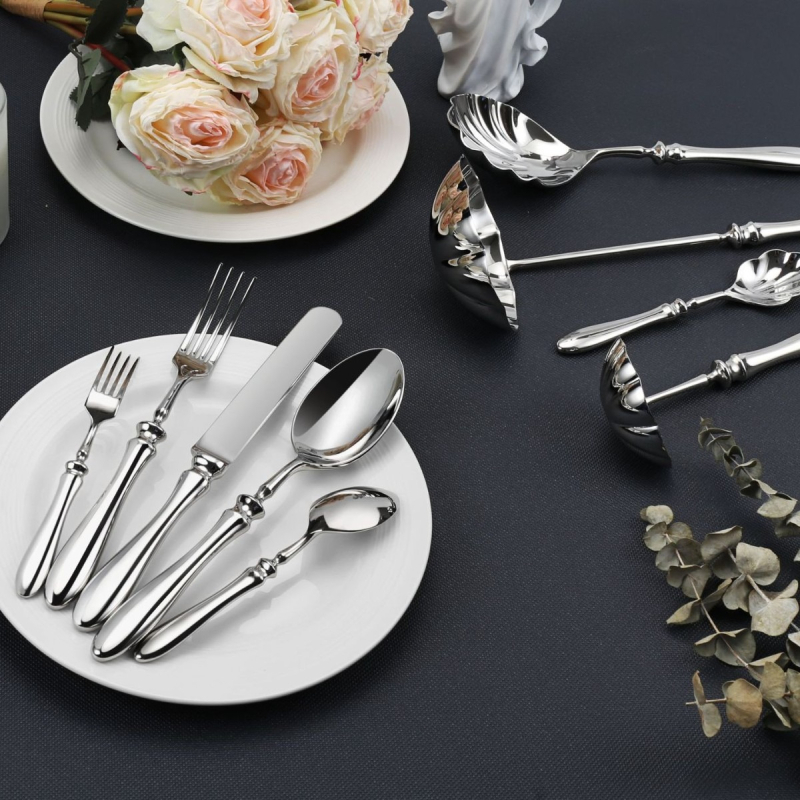Ковани от 304 неръждаема стомана, тикваобразна дръжка – западни прибори за хранене: нож за маса, вилица за маса, лъжица за маса, малка вилица, малка лъжица; огледално полирани, ръчна изработка