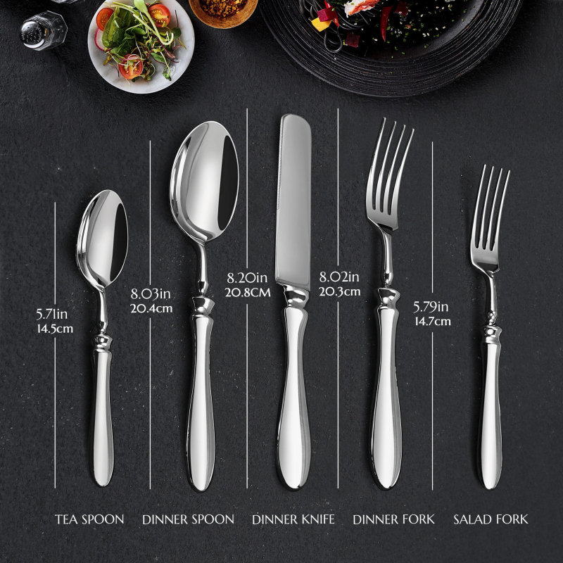 Ковани от 304 неръждаема стомана, тикваобразна дръжка – западни прибори за хранене: нож за маса, вилица за маса, лъжица за маса, малка вилица, малка лъжица; огледално полирани, ръчна изработка