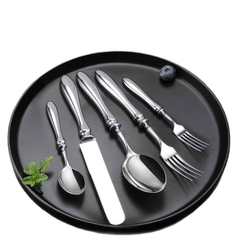 Ковани от 304 неръждаема стомана, тикваобразна дръжка – западни прибори за хранене: нож за маса, вилица за маса, лъжица за маса, малка вилица, малка лъжица; огледално полирани, ръчна изработка