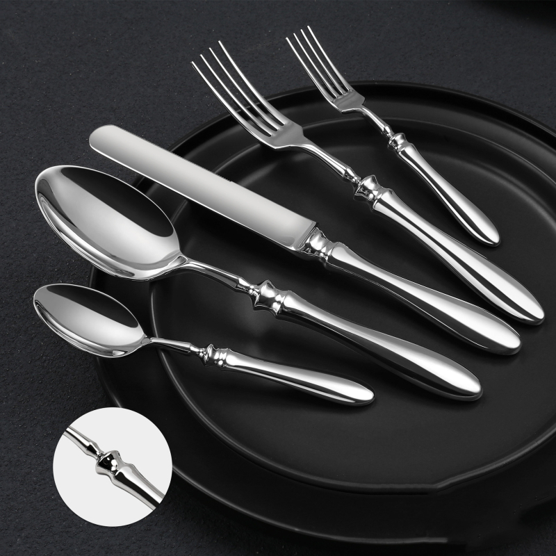 Ковани от 304 неръждаема стомана, тикваобразна дръжка – западни прибори за хранене: нож за маса, вилица за маса, лъжица за маса, малка вилица, малка лъжица; огледално полирани, ръчна изработка