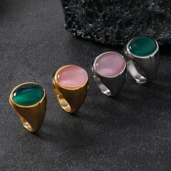 Inel bărbătesc din oțel inoxidabil, cu piatră cat's-eye ovală, design geometric vintage, setat cu pietre