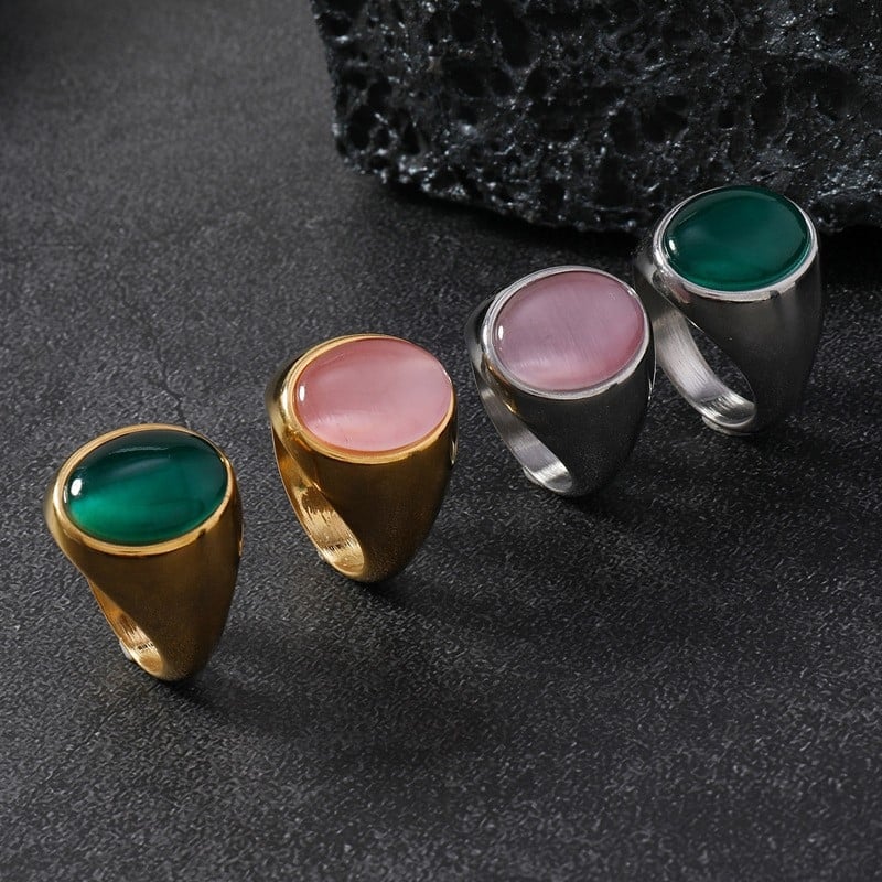 Inel bărbătesc din oțel inoxidabil, cu piatră cat's-eye ovală, design geometric vintage, setat cu pietre