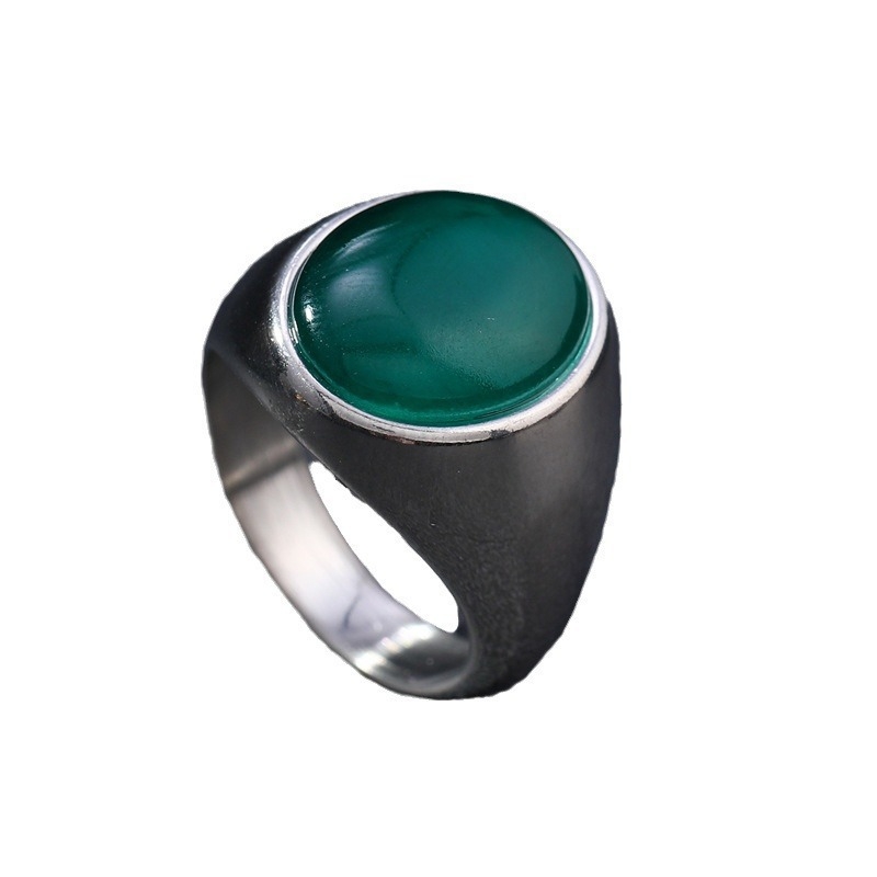 Inel bărbătesc din oțel inoxidabil, cu piatră cat's-eye ovală, design geometric vintage, setat cu pietre