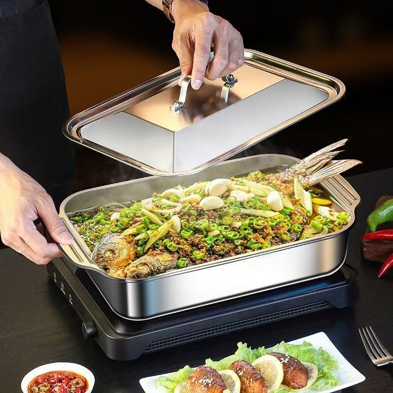 Плоча за грил риба от неръждаема стомана, квадратна, с дръжка за безопасност, електроплакирана повърхност, мултифункционална, за дома и професионално ползване