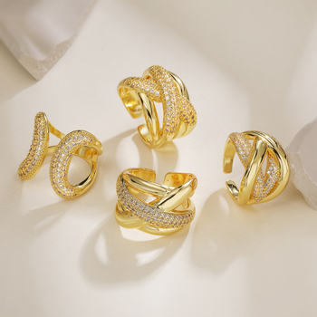 Inel deschis cu geometrie pentru femei, cupru, zirconiu micropavé, vară 2024