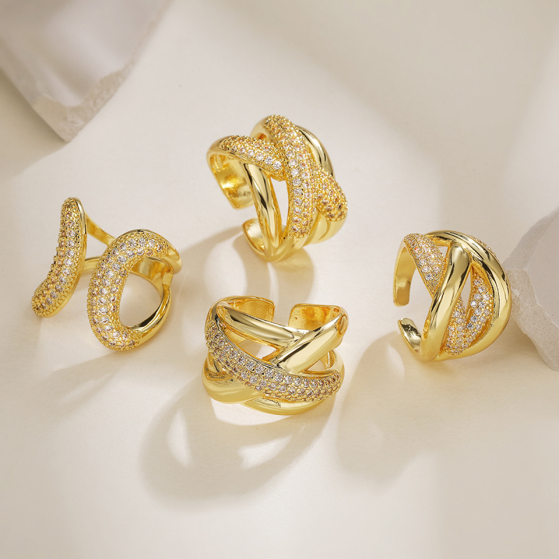 Inel deschis cu geometrie pentru femei, cupru, zirconiu micropavé, vară 2024