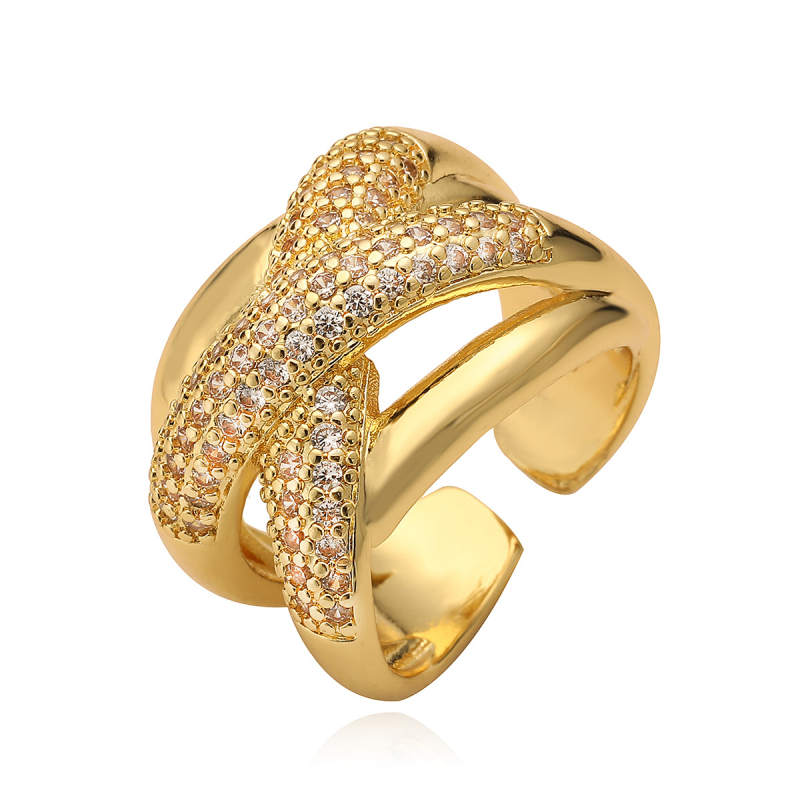 Inel deschis cu geometrie pentru femei, cupru, zirconiu micropavé, vară 2024