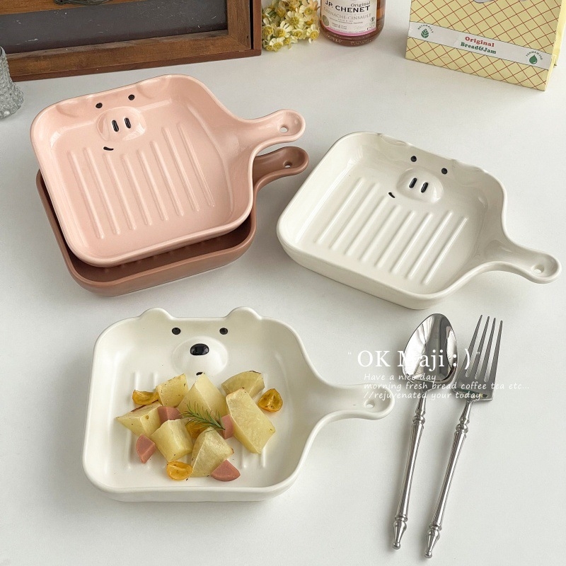 Farfurie de mic dejun din ceramică, formă neregulată, suprafață glazurată, compatibilă cu cuptorul cu microunde, stil proaspăt și drăguț.